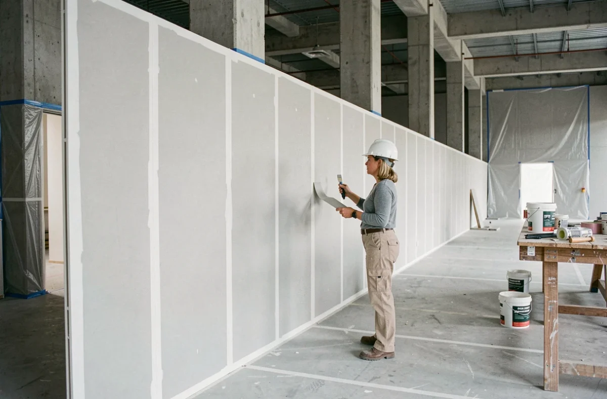 Professionnelle du bâtiment inspectant une cloison placo de grande longueur avec bande armée et enduit de jointement sur chantier