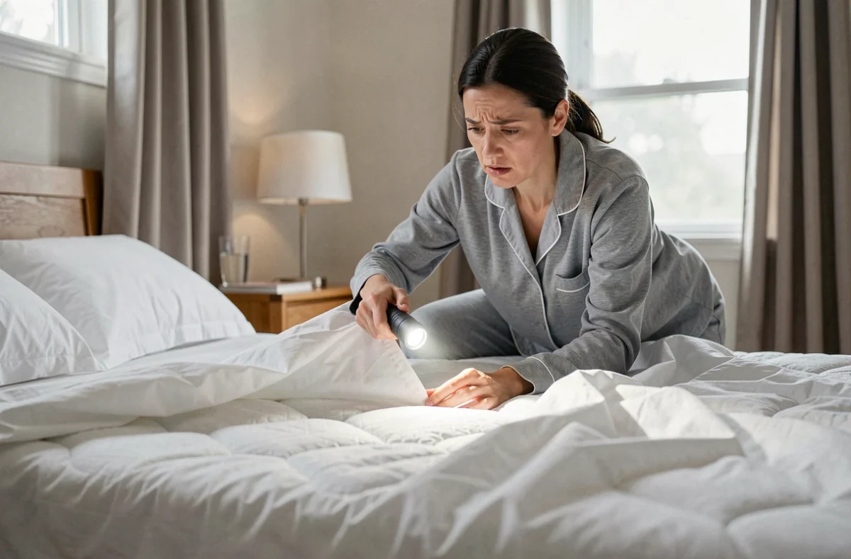 Femme en pyjama inspectant un matelas de près à la recherche de punaises de lit dans une chambre domestique
