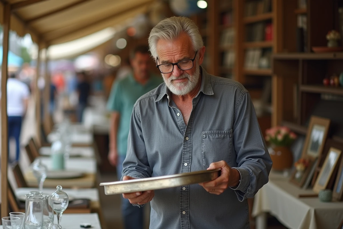 Homme inspecte le poinçon sous un plateau en métal argenté sur un stand de brocante avant de décider de la revente