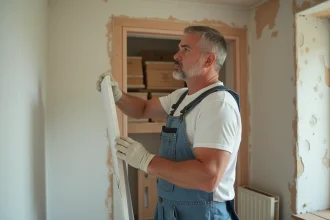 Hommes en travaux posant des plaques de platre dans une salle en rénovation