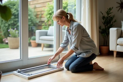 Femme installant une chatière amovible sur une porte-fenêtre en verre sans percer ni abîmer le vitrage