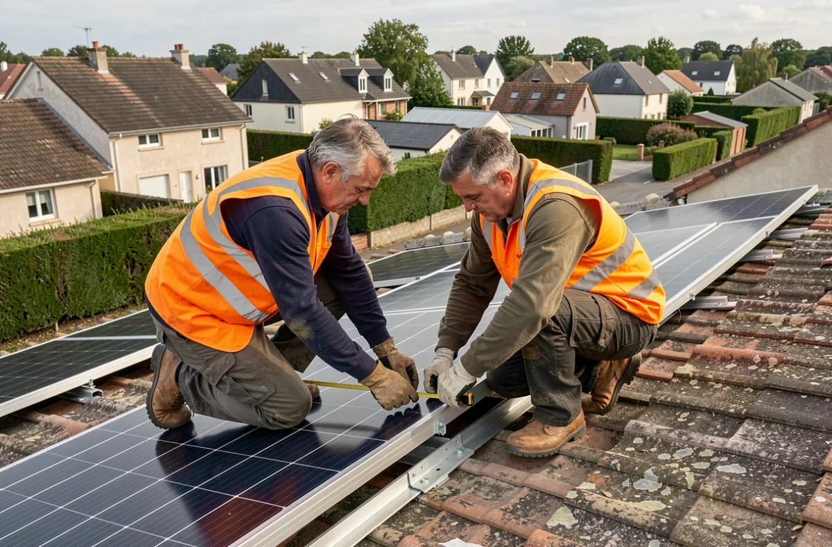 Deux artisans installant des panneaux solaires photovoltaïques sur le toit d'un pavillon dans le cadre d'une rénovation énergétique aidée