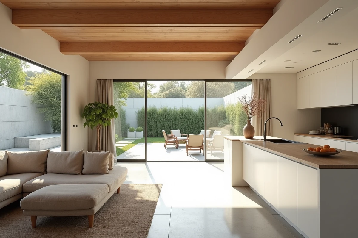 Intérieur maison plain-pied 4 chambres séjour ouvert cuisine moderne tendance 2026