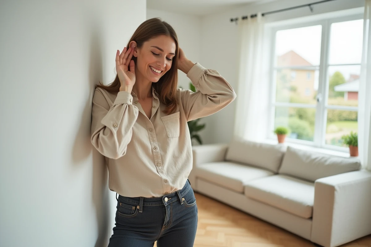 Femme écoutant le silence d'une cloison intérieure bien isolée acoustiquement dans un salon moderne épuré