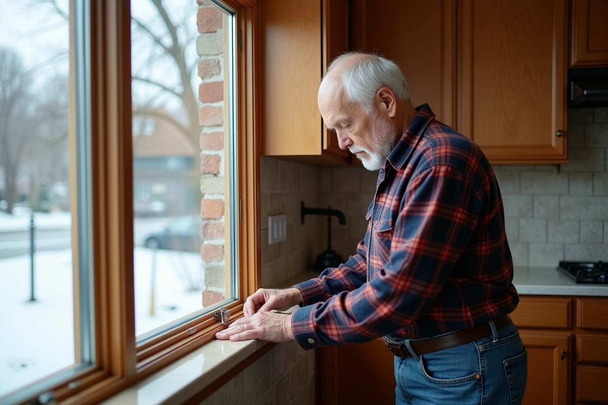Homme scellant une fenêtre avec du ruban d
