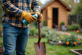 Homme jardinant appliquant du lubrifiant sur une bêche rouillée