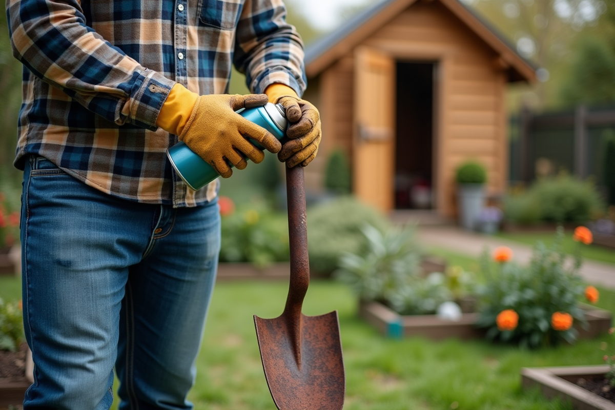 Homme jardinant appliquant du lubrifiant sur une bêche rouillée