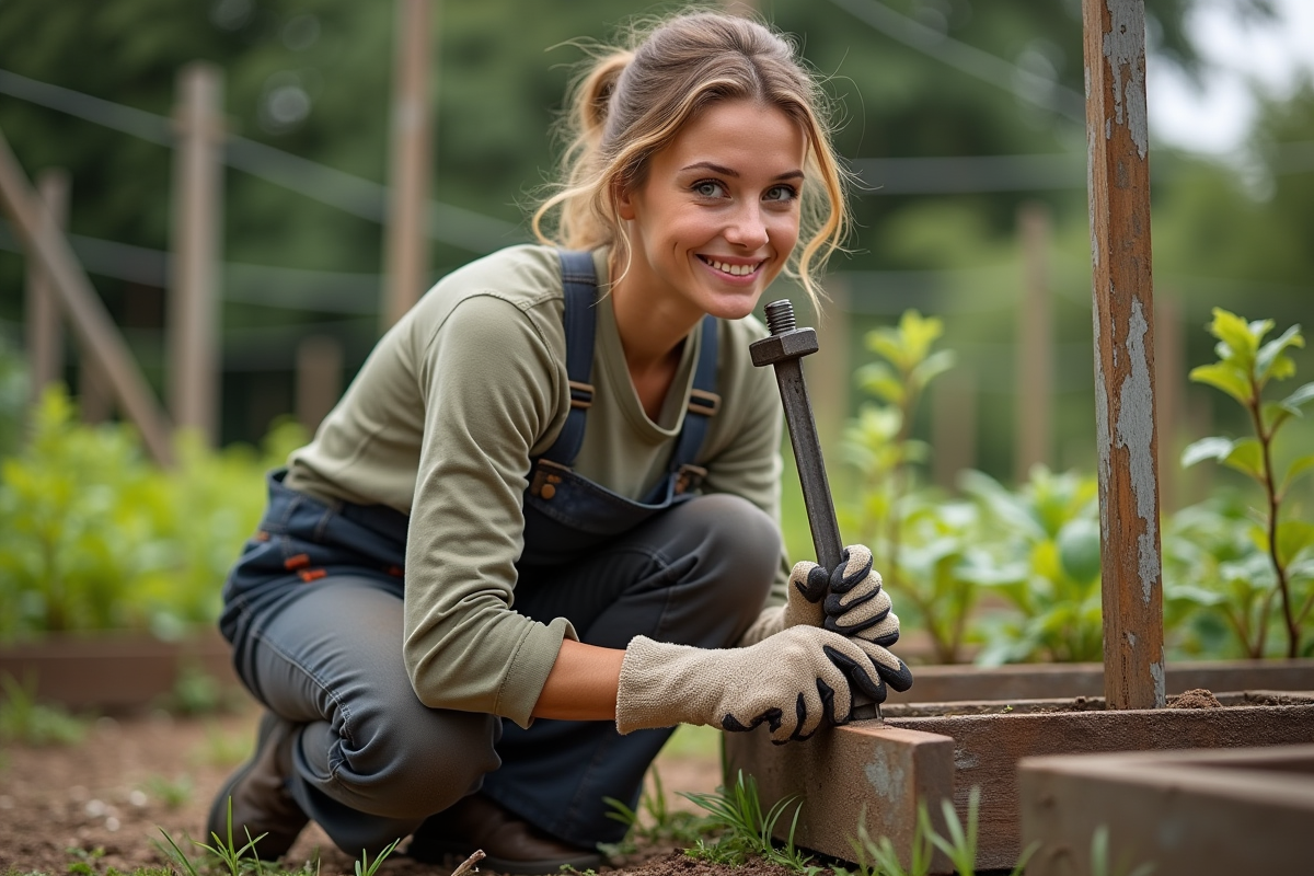 Jeune femme répare un treillis dans un jardin communautaire