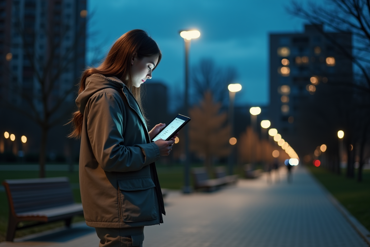 Jeune femme avec tablette analysant des données près d’un lampadaire urbain