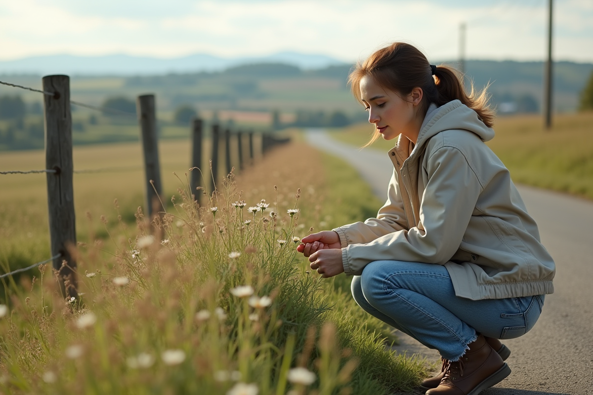 Jeune femme observant des fleurs sauvages dans un pré