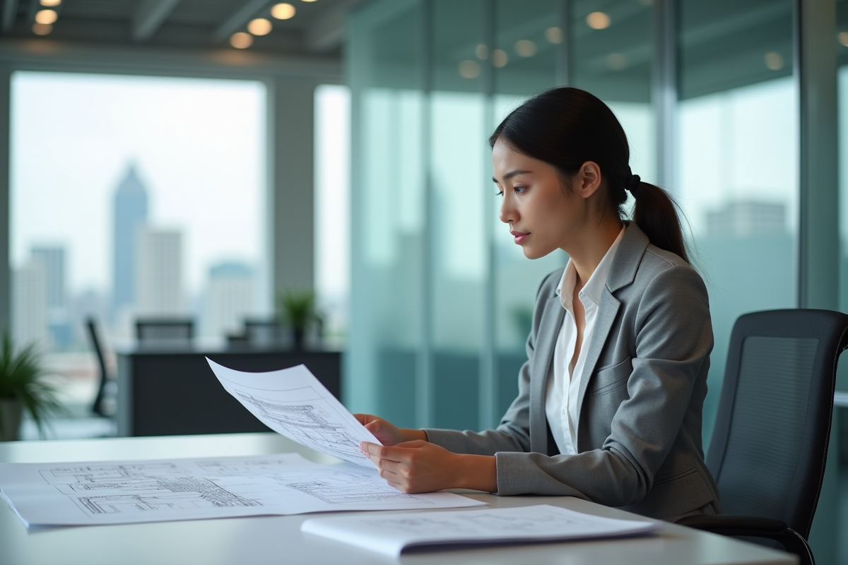 Jeune femme ingénieur électrique analysant un schéma dans un bureau moderne