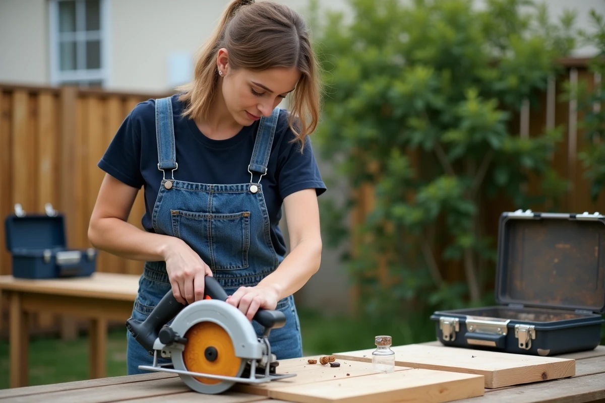 Jeune femme appliquant du lubrifiant sur une scie en extérieur