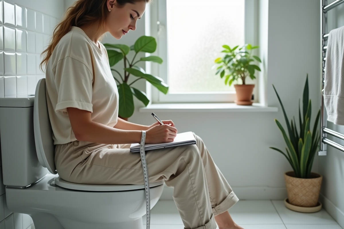 Femme prenant des mesures sur la toilette dans une salle de bain lumineuse