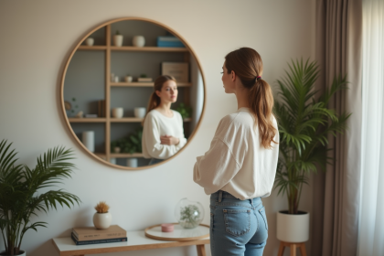 Jeune femme regardant son reflet dans un miroir moderne