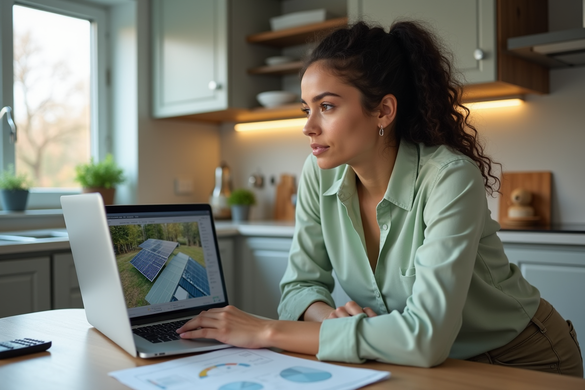Jeune femme regardant un diagramme de panneau solaire sur son ordinateur