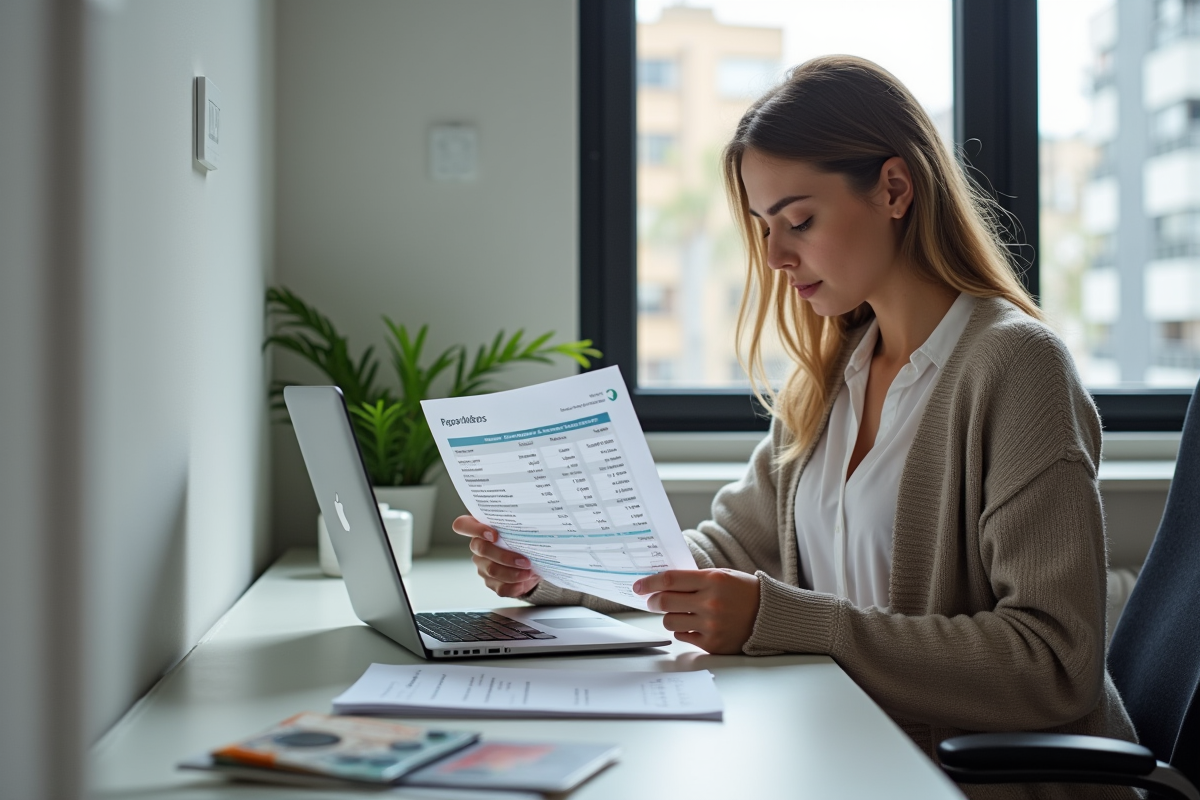 Jeune femme analyse un relevé de revenus dans son appartement