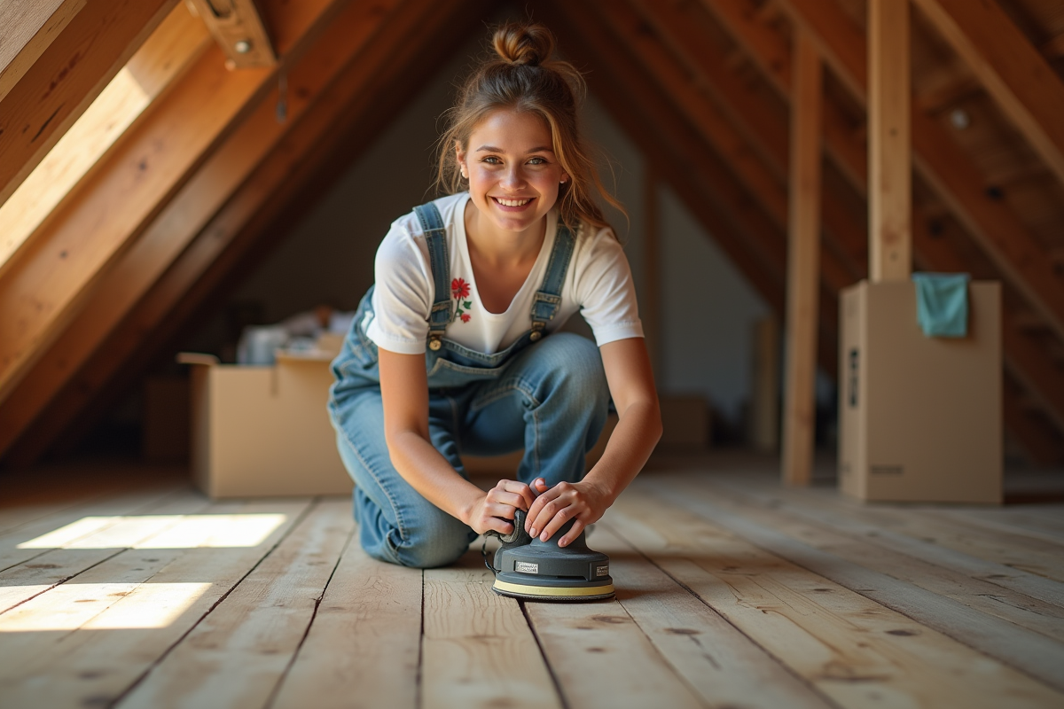 Jeune femme en overalls utilisant un ponceuse sur un vieux parquet
