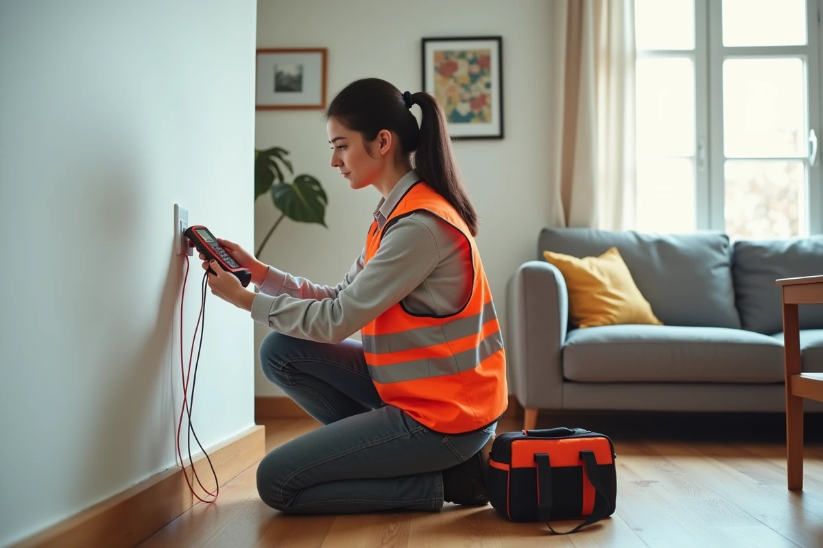 Jeune femme &eacute;lectricienne testant une prise murale dans un salon