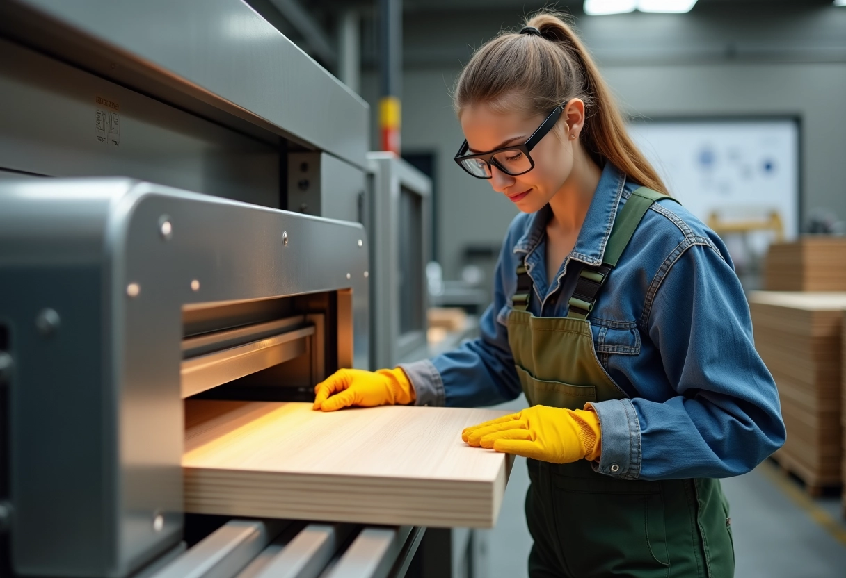 Jeune femme vérifiant une presse à vide pour bois