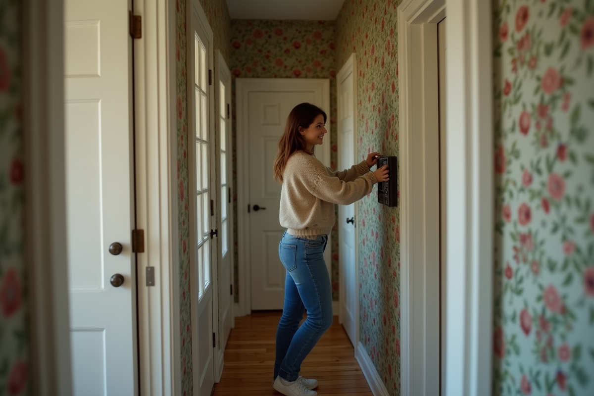Jeune femme inspectant un panneau électrique dans un couloir ancien