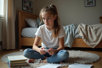 Jeune fille de 15 ans trie des livres dans sa chambre