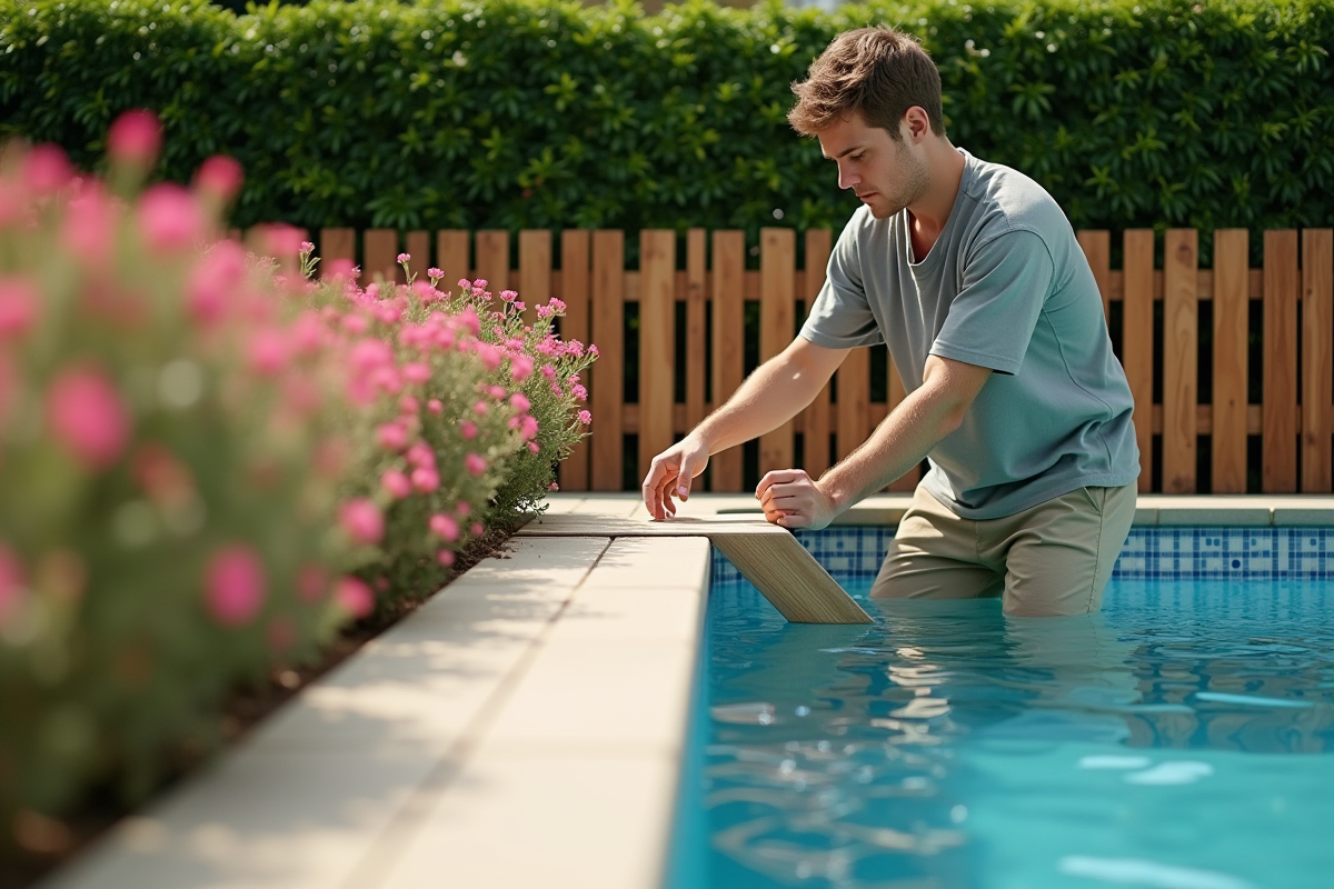 Jeune homme construisant un écran autour de la piscine