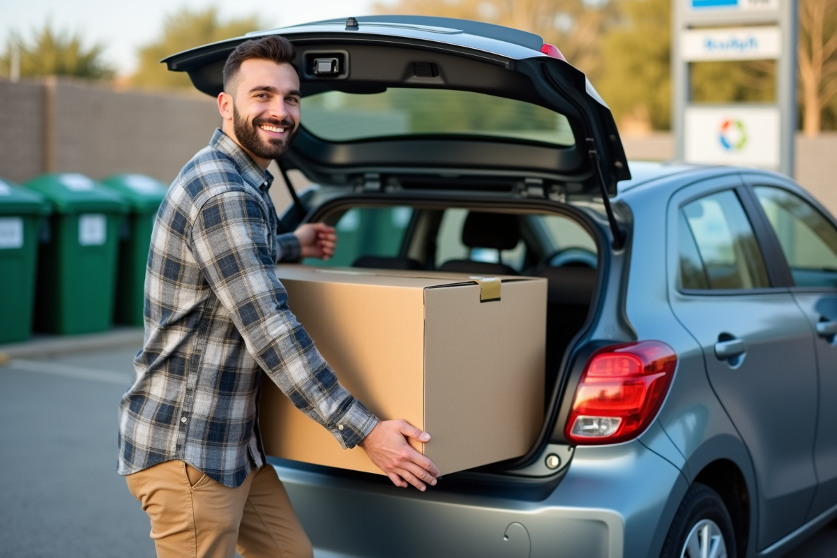 Jeune homme chargeant des cartons dans sa voiture devant un centre de recyclage