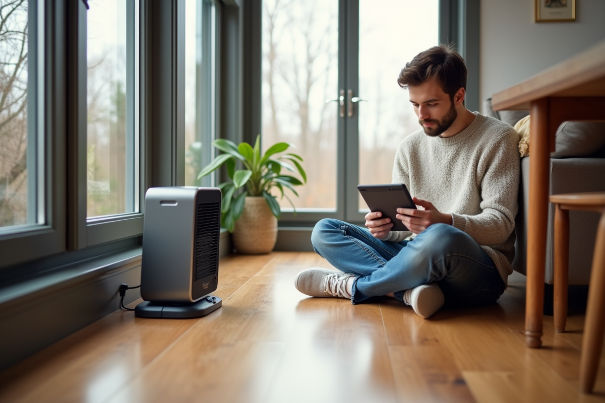 Jeune homme dans une salle lumineuse avec chauffage électrique