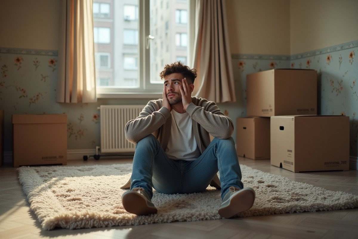 Jeune homme assis sur le sol avec cartons de déménagement