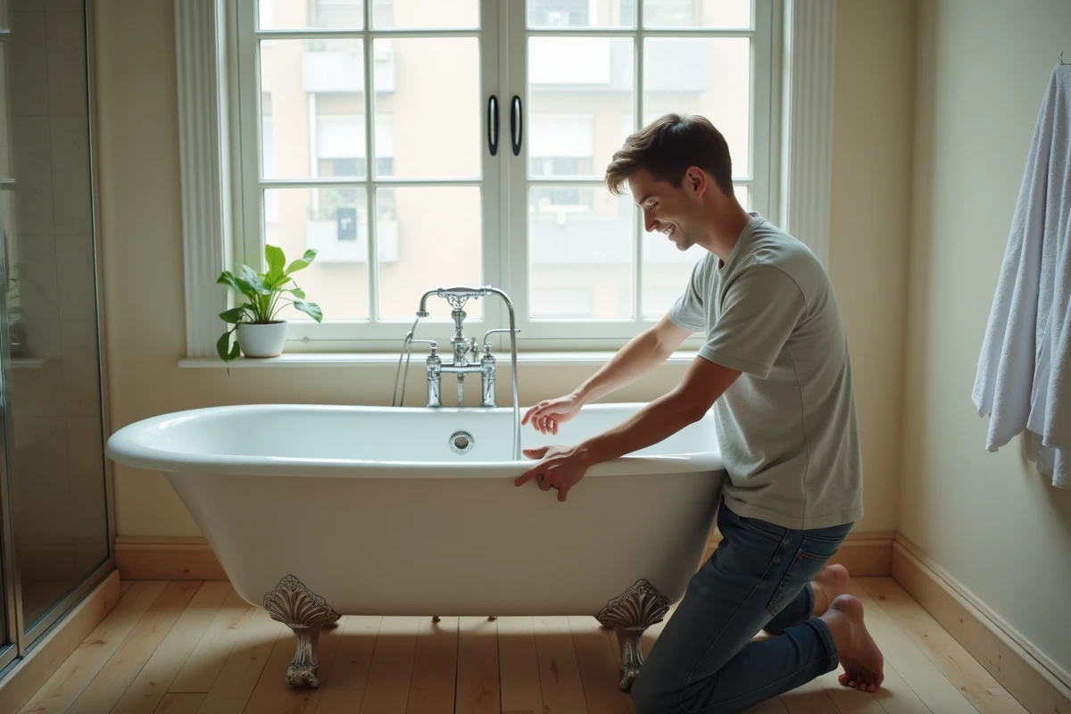 Jeune homme utilisant un diviseur en plastique dans une baignoire ancienne