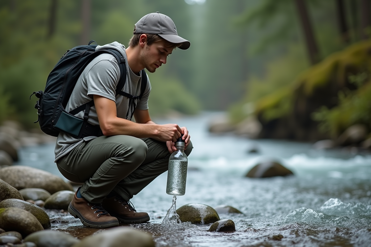 Jeune homme remplissant une bouteille d