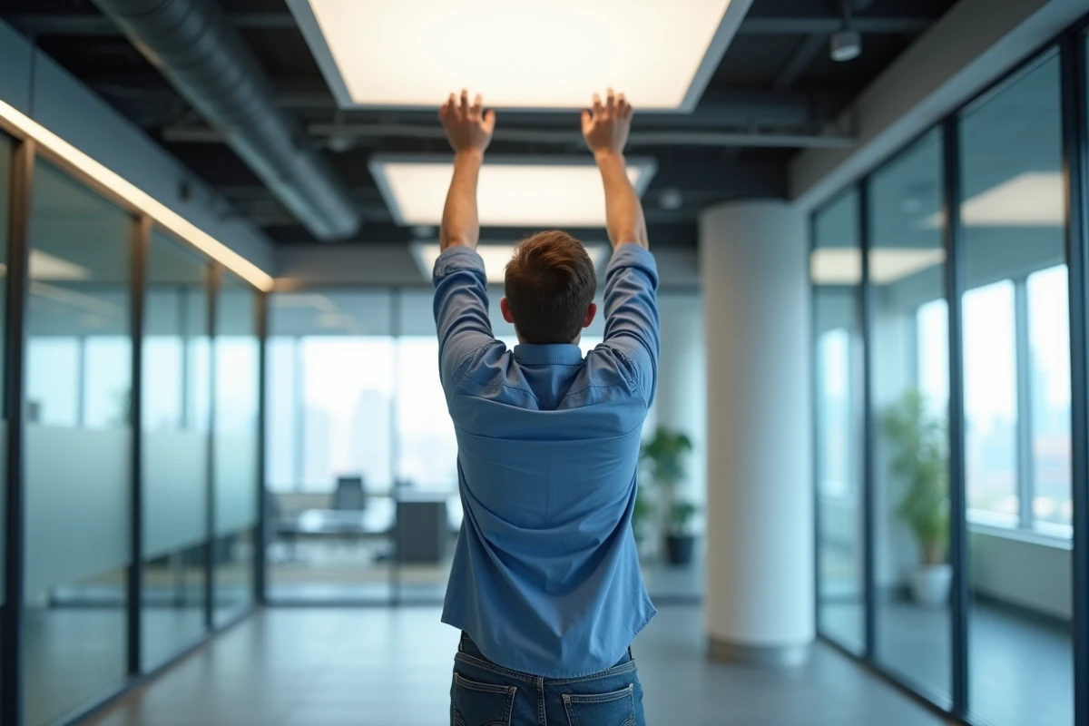 Jeune homme installe un panneau LED dans un bureau moderne