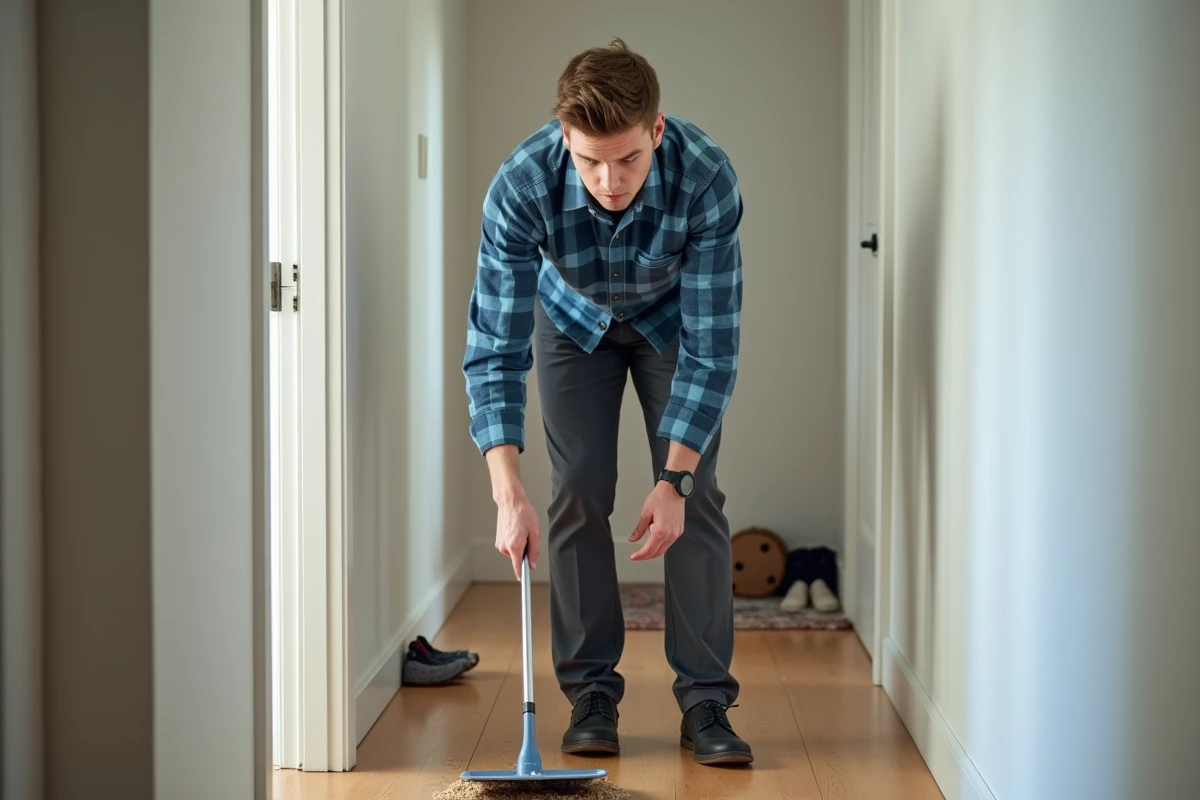 Jeune homme ramassant des asticots dans le couloir