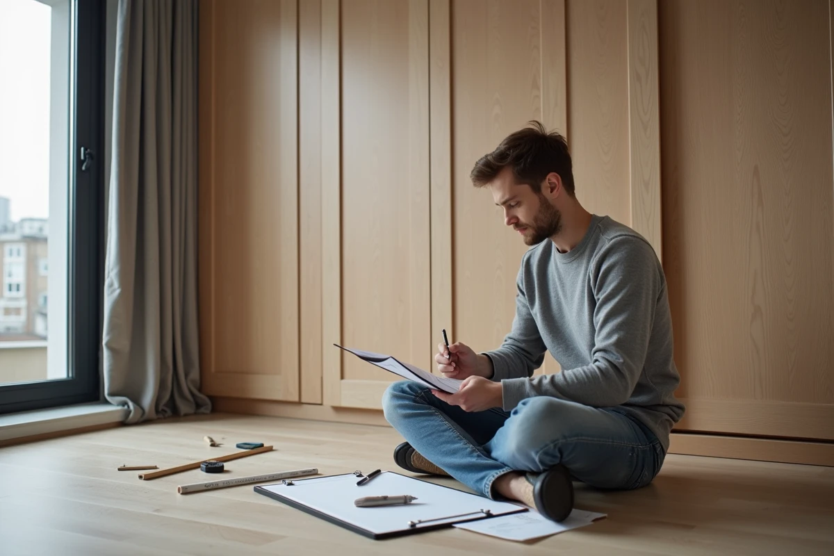 Jeune homme planifiant son dressing avec un carnet dans la chambre