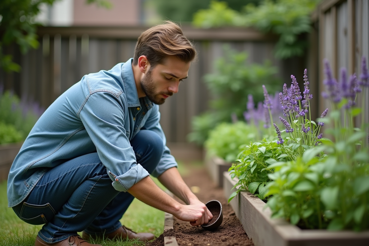 Jeune homme mélangeant du café dans la terre des plantes aromatiques