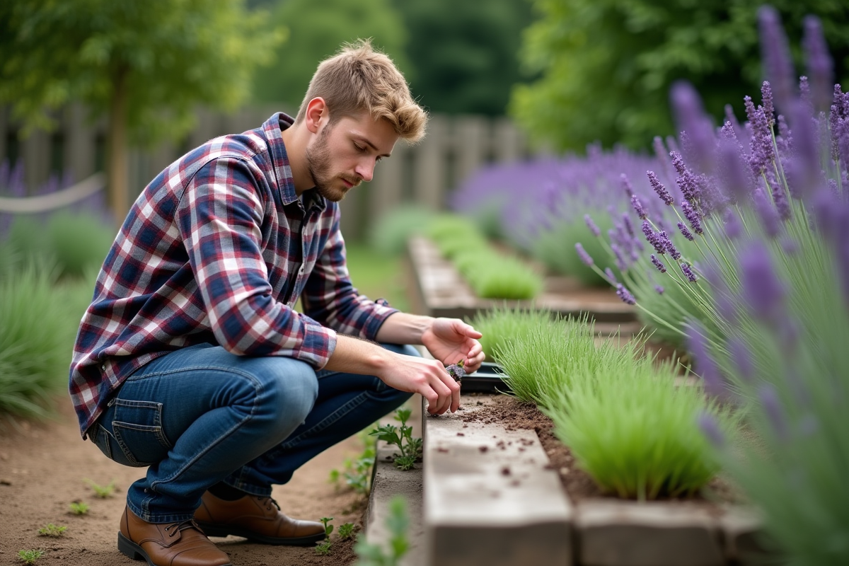 Jeune homme en train de planter de la lavande dans un jardin