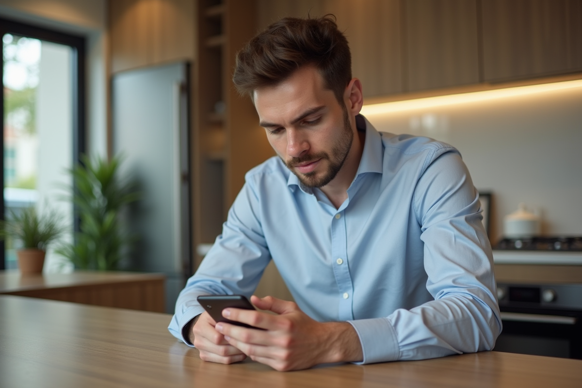 Jeune homme contrôlant la sécurité avec son smartphone dans la cuisine