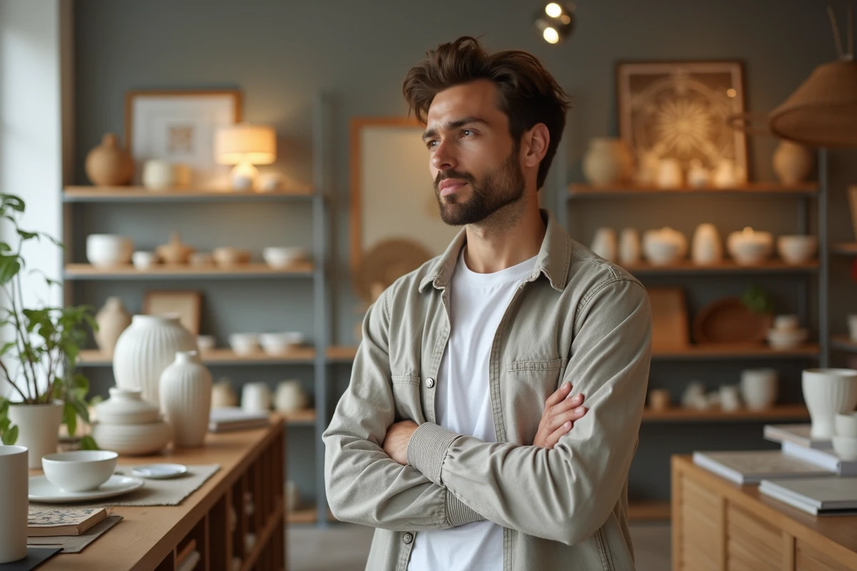 Jeune homme regardant des accessoires de d&eacute;coration modernes