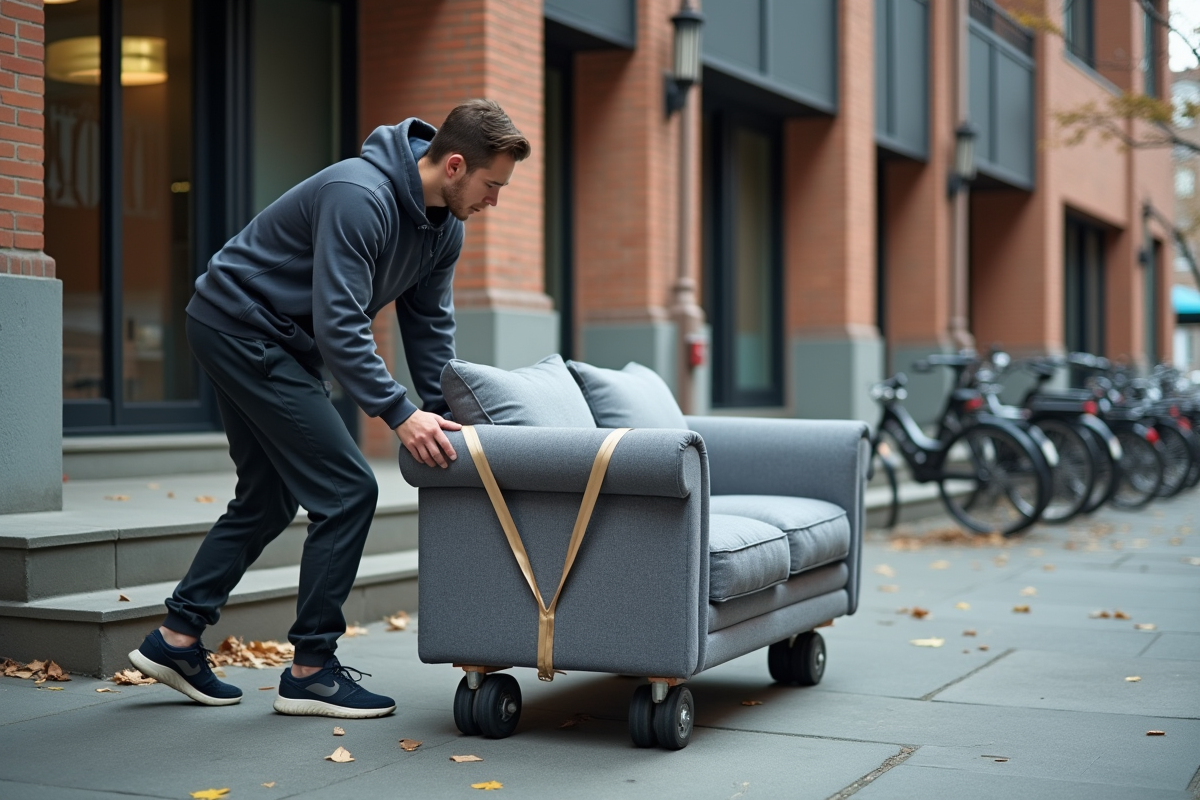 Un jeune homme attache un canapé gris sur un chariot dans la rue