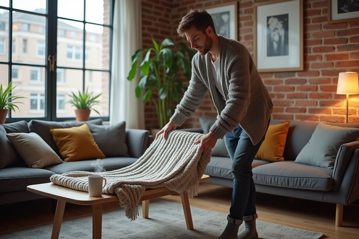 Jeune homme arrangeant une couverture dans un appartement moderne