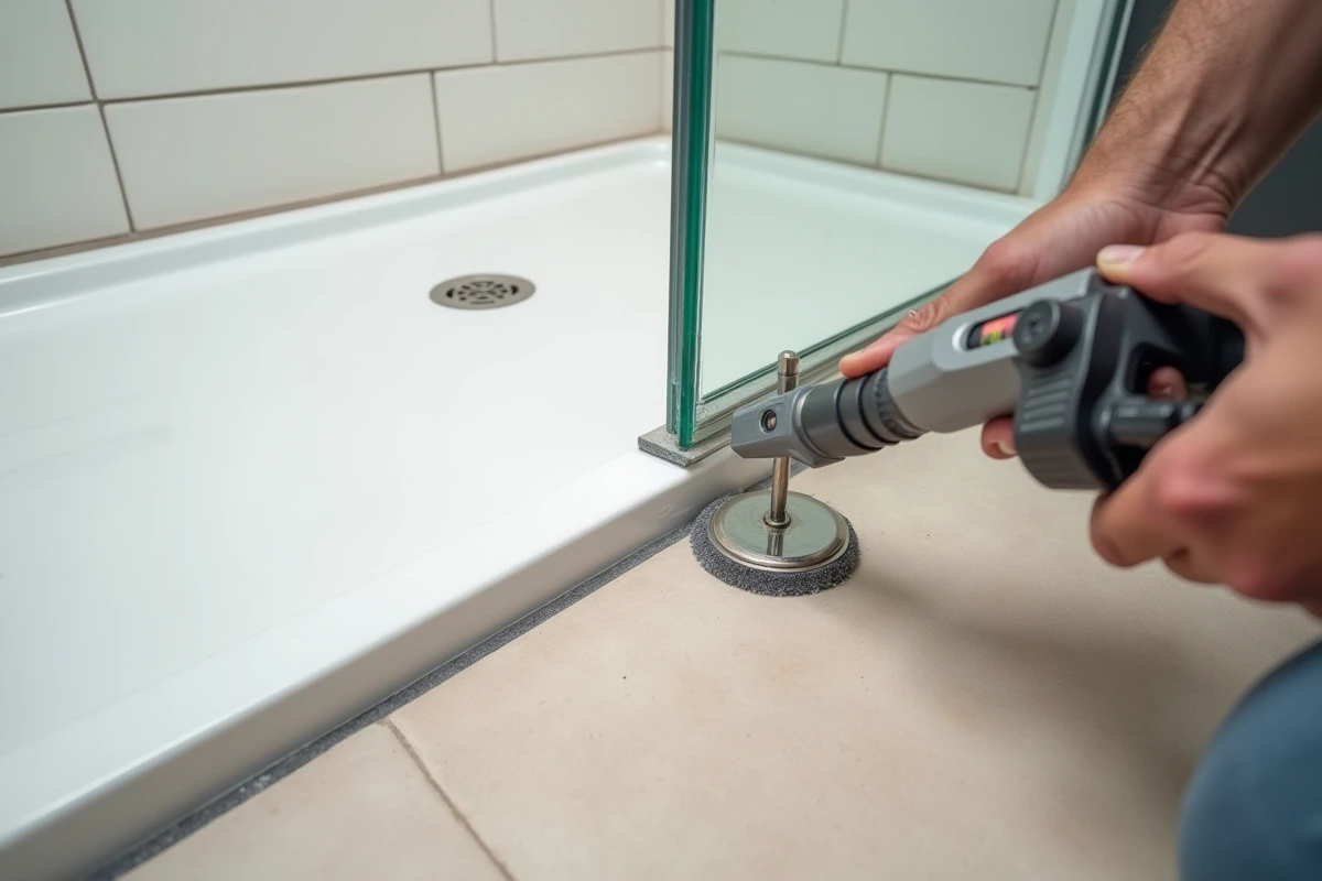 Gros plan sur le joint silicone entre un receveur de douche extra plat et un carrelage de sol existant lors de la pose