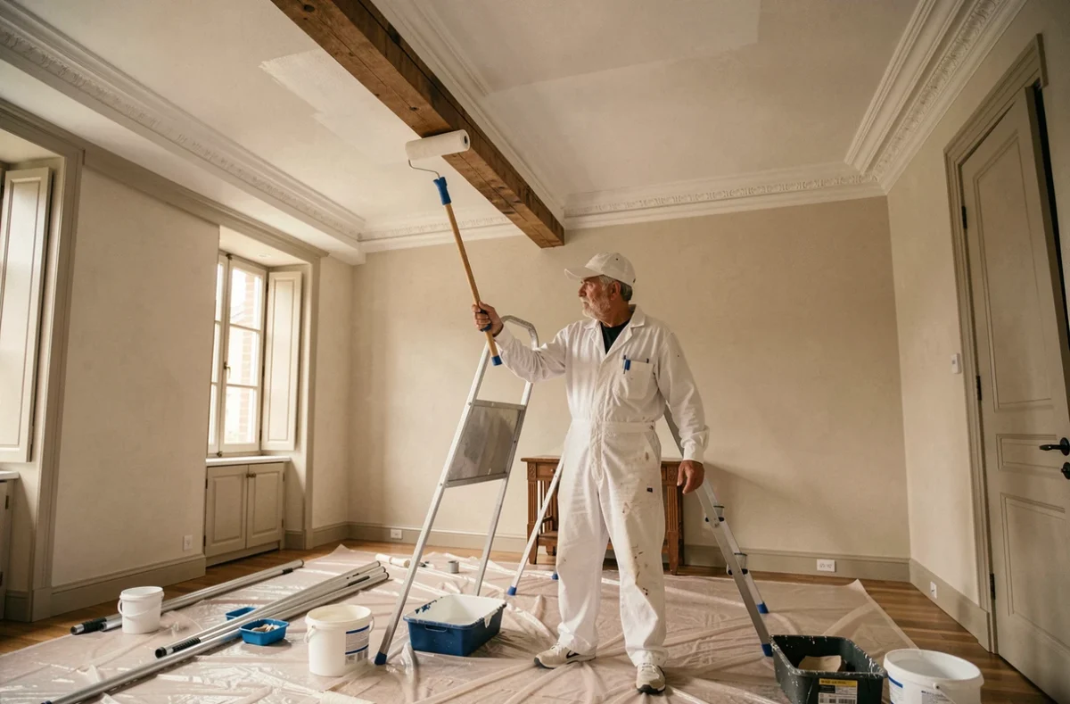 Artisan peintre de l'entreprise Jose Devaux EURL appliquant de la peinture blanche au plafond d'une maison angevine avec poutres apparentes