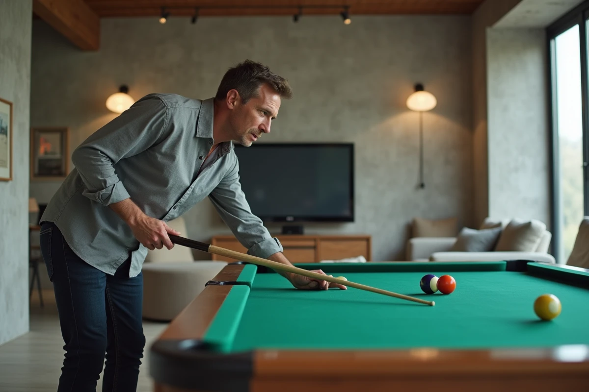 Joueur de billard am&eacute;ricain dans un salon moderne avec espace d&eacute;gag&eacute; autour de la table