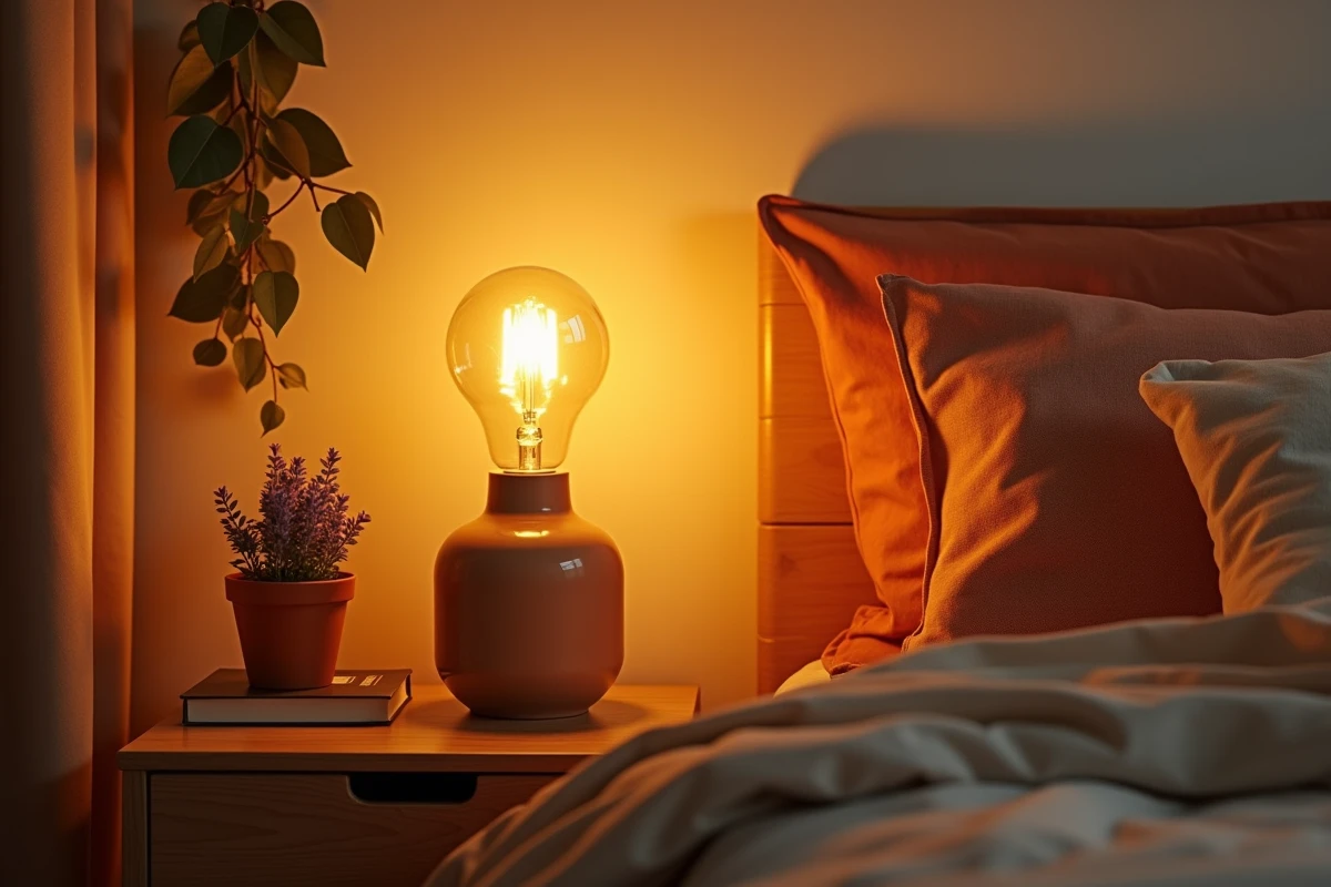 Coin chambre cosy avec lampe de chevet à ampoule ambre chaude, décoration apaisante favorisant l'endormissement