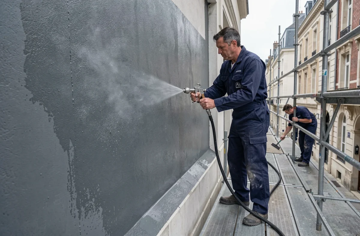 Applicateur Langlois Sobreti projetant une membrane d'étanchéité sur une façade en Île-de-France