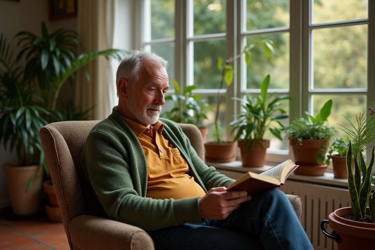 Homme lisant dans un coin de véranda lumineuse