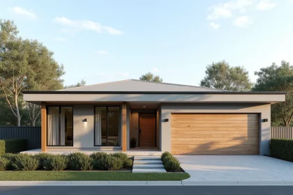 Plan de maison plain-pied 4 chambres moderne avec facade en bois et enduit gris tendance 2026