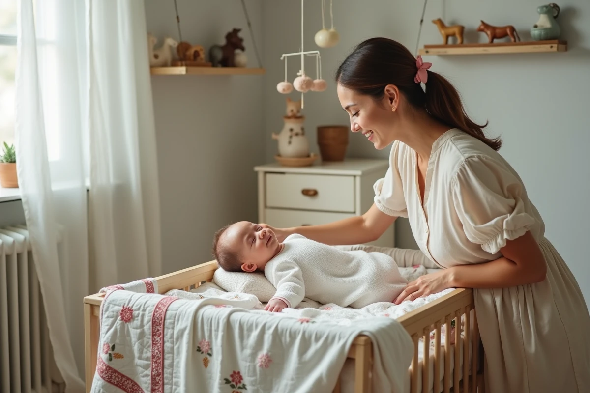 Maman arrangeant une couverture brodee dans un lit b&eacute;b&eacute;