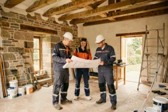 Équipe de rénovation professionnelle en Maine-et-Loire discutant de plans devant une maison en pierre en cours de rénovation