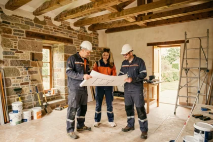 Équipe de rénovation professionnelle en Maine-et-Loire discutant de plans devant une maison en pierre en cours de rénovation